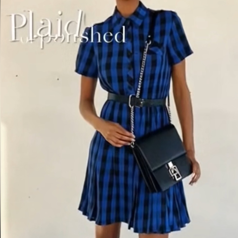 Vintage Peri Petites cobalt blue and black gingham checkered button down dress